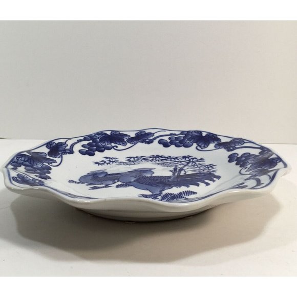 Taoci Chinese Rooster Plate Blue White Pottery Dish Ceramic Grapes Trees Vntg - Picture 4 of 8